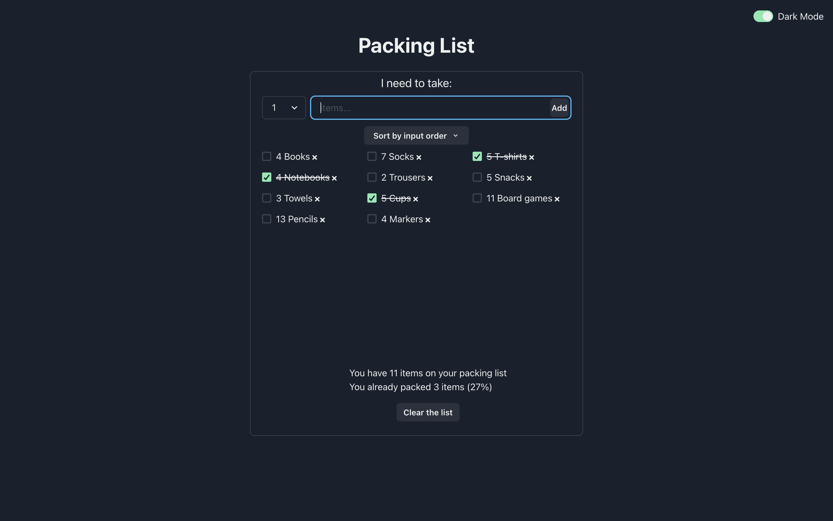 Screenshot of the Packing List project.